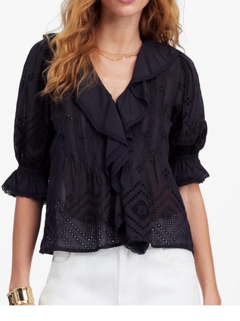 Madewell Black Ruffled Eyelet Puff Sleeve Blouse - Women size L